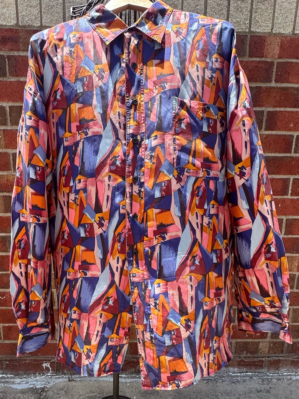 Impact 100% Silk Button-Up Multicolor Abstract Resortwear Retro Maximalist Art
